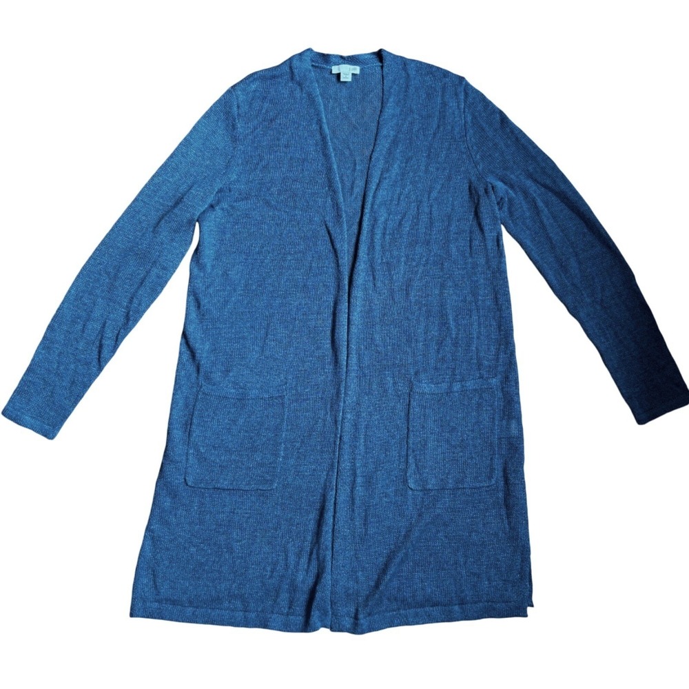 J Jill Sweater Size Small‎ Petite Cardigan Long Open Front Linen Blend Blue